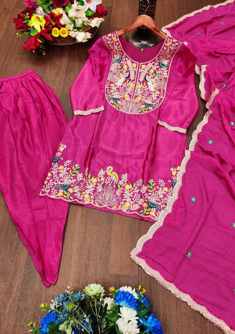 Rani Pink Embroidered Chinon Punjabi Suit - Indya