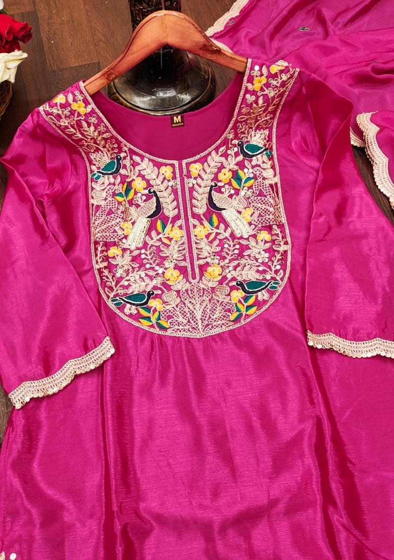 Rani Pink Embroidered Chinon Kurta Set - Indya