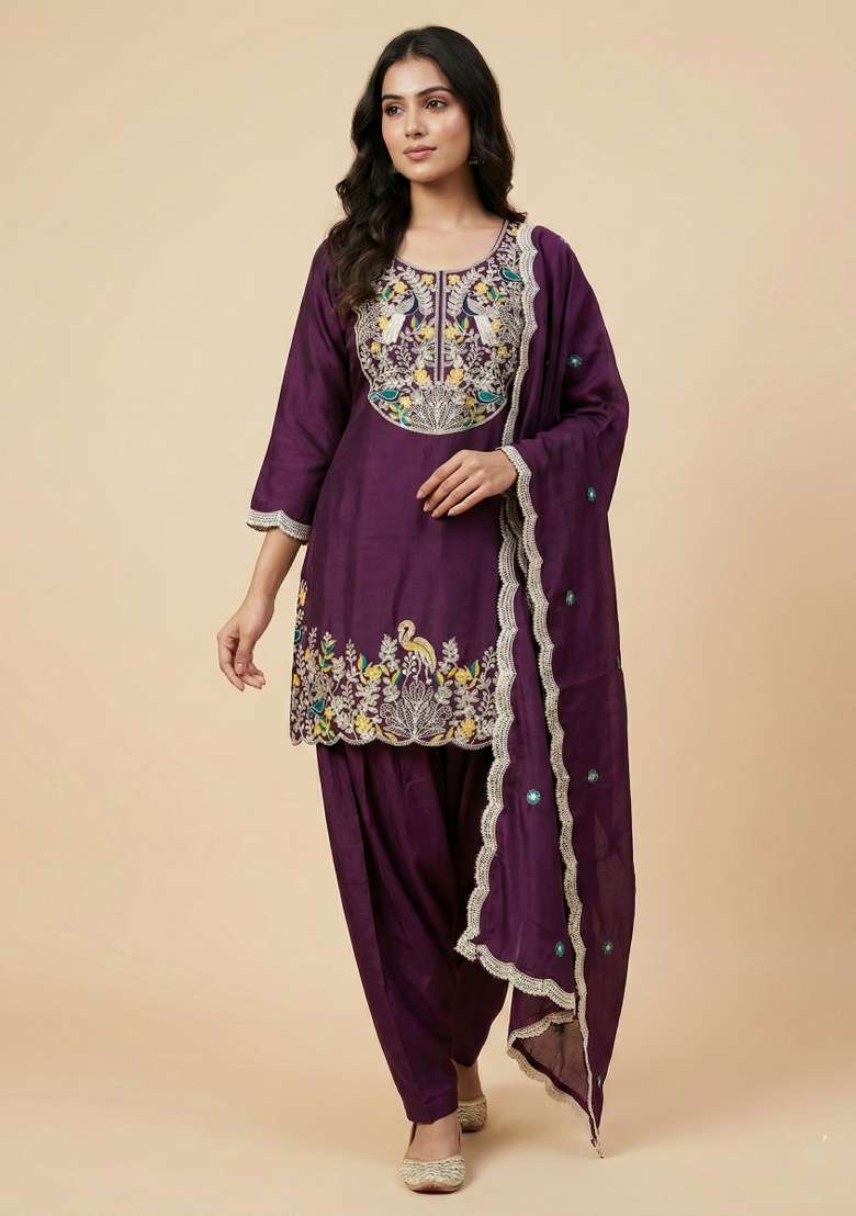 Wine Embroidered Chinon Punjabi Suit - Indya
