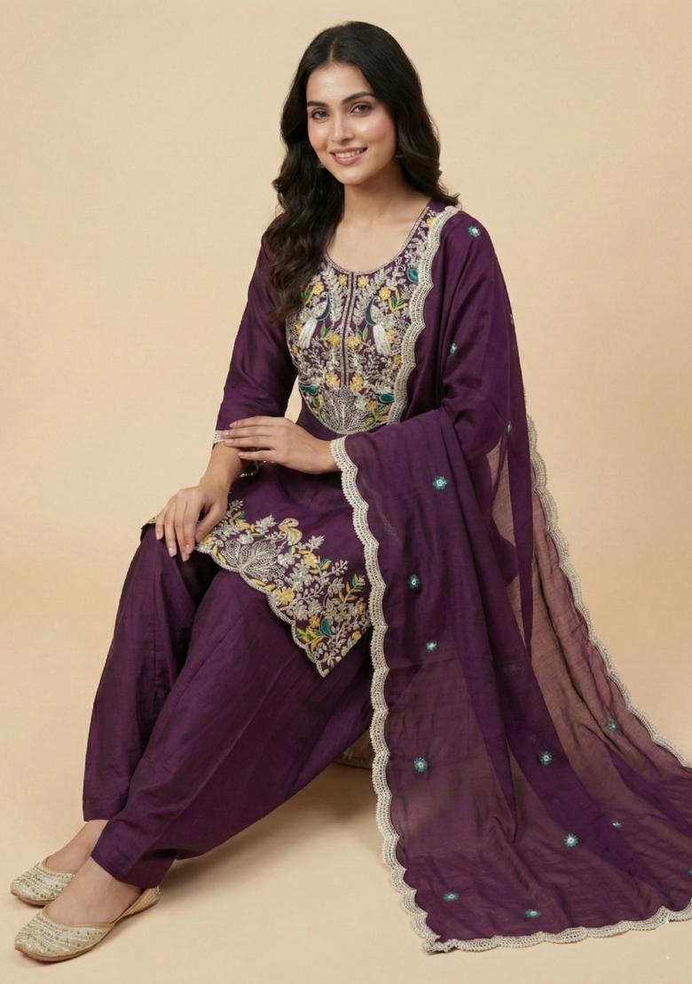 Wine Embroidered Chinon Kurta Set - Indya
