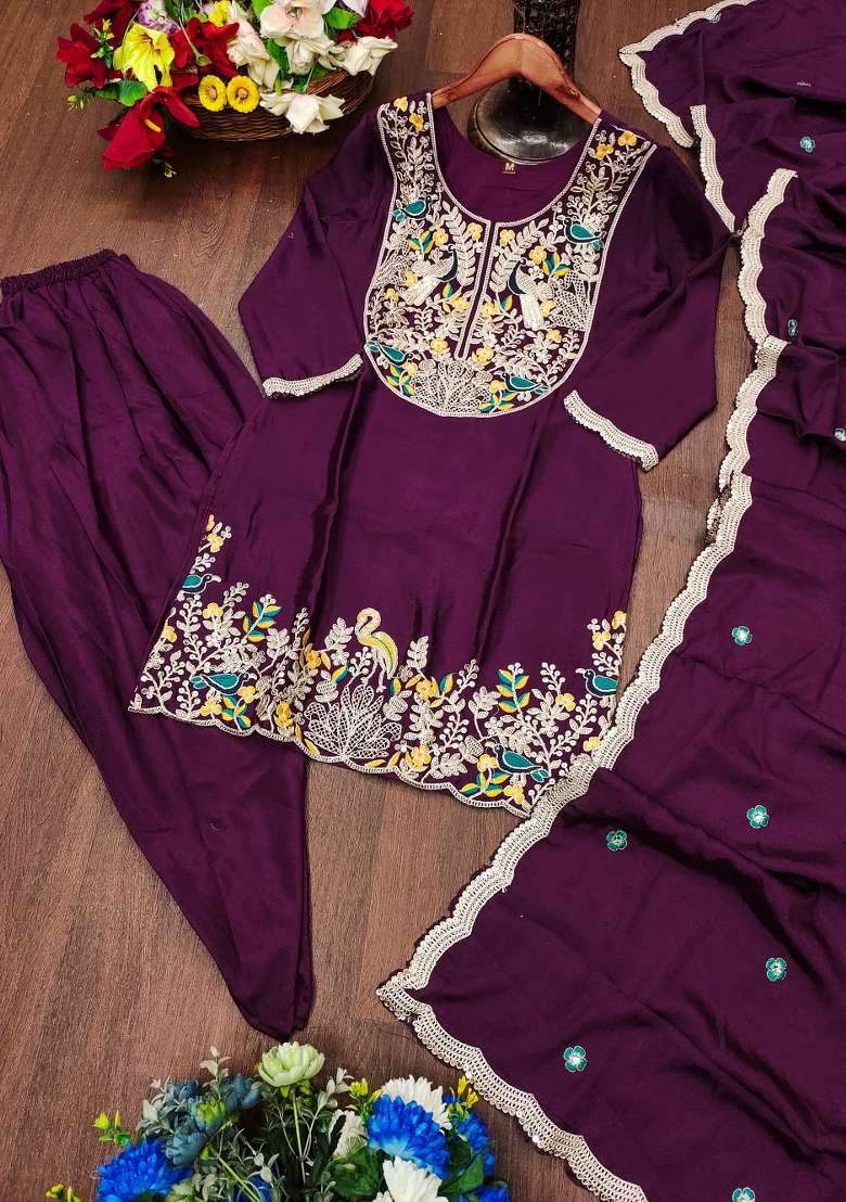 Wine Embroidered Chinon Punjabi Suit - Indya
