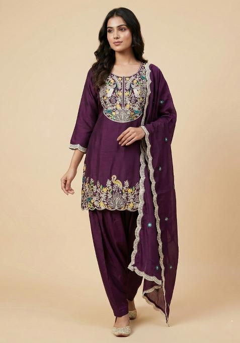 Wine Embroidered Chinon Kurta Set