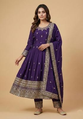 Purple Embroidered Chinon Kurta Set