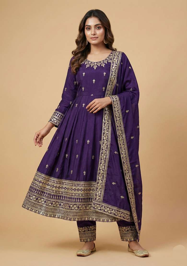 Purple Embroidered Chinon Anarkali Set - Indya