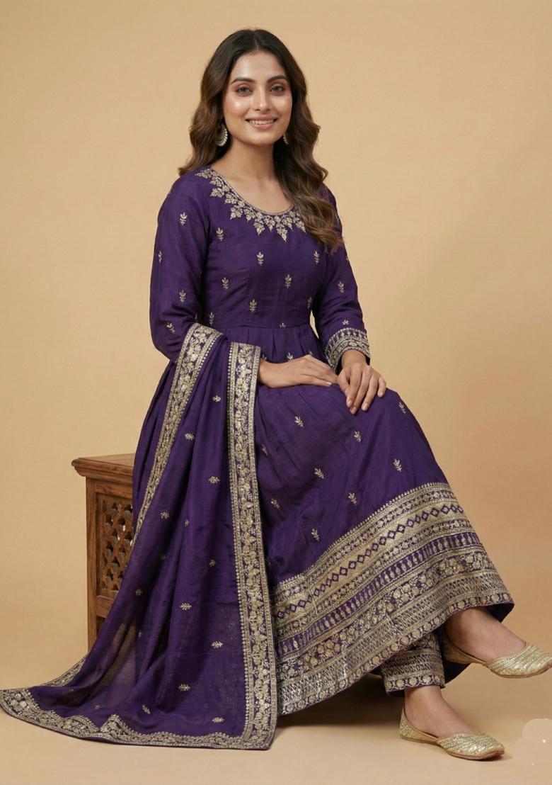 Purple Embroidered Chinon Kurta Set - Indya