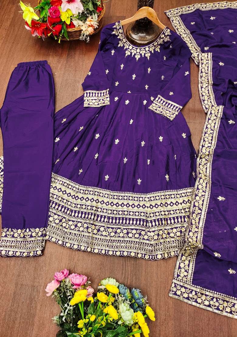 Purple Embroidered Chinon Anarkali Set - Indya