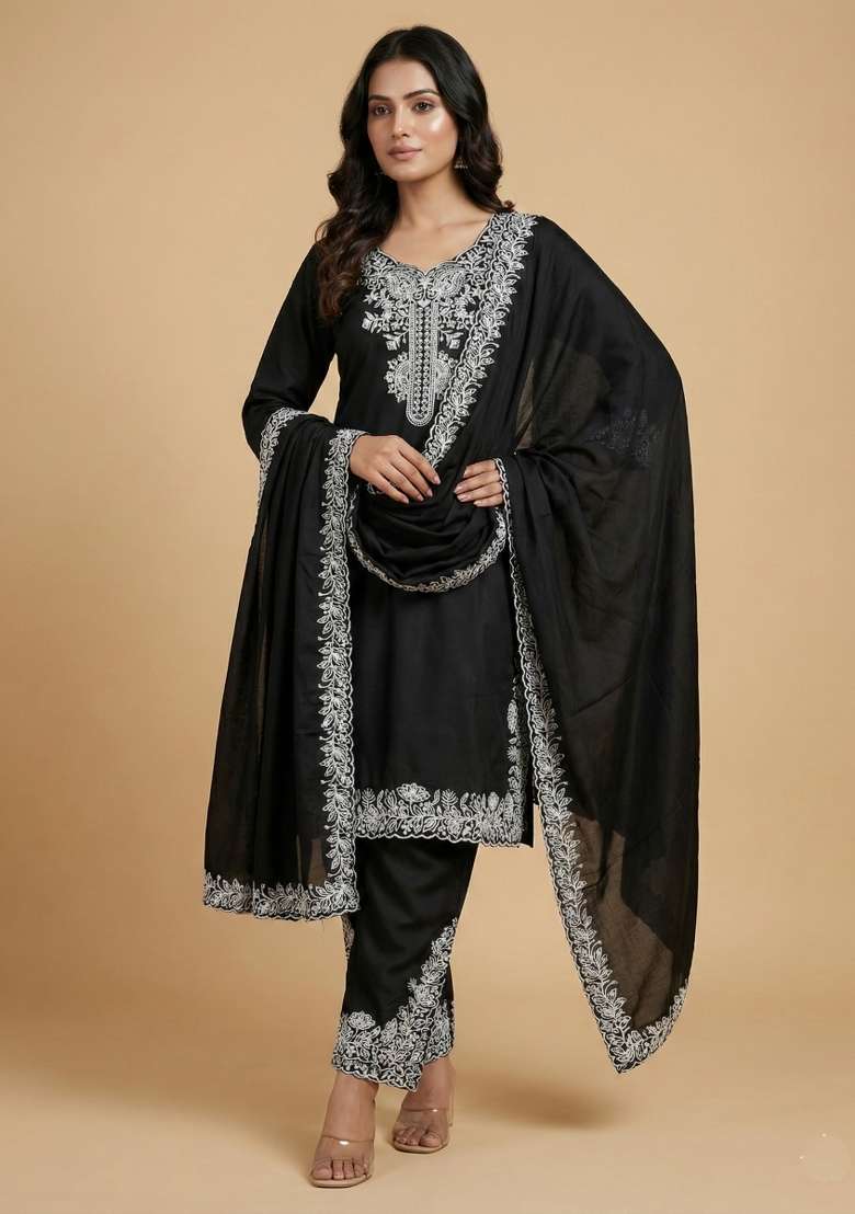 Black Embroidered Crepe Straight Kurta Set - Indya