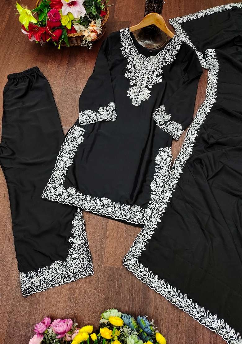 Black Embroidered Crepe Straight Kurta Set - Indya
