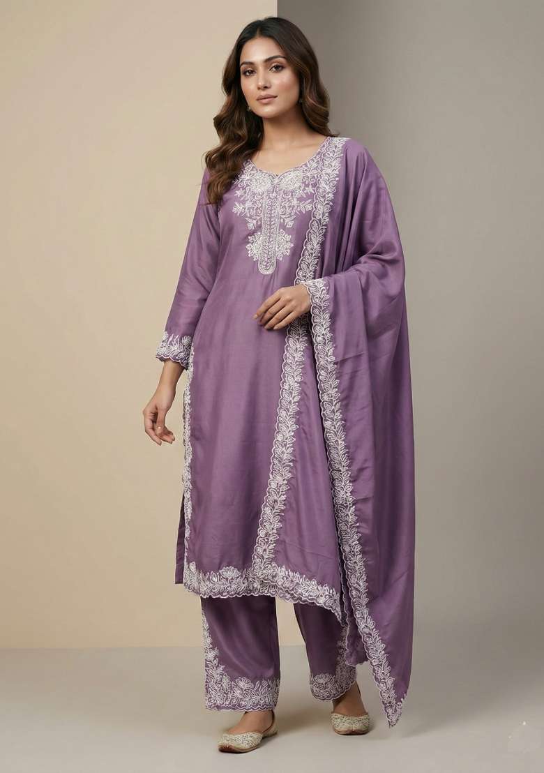 Lavender Embroidered Crepe Straight Kurta Set - Indya