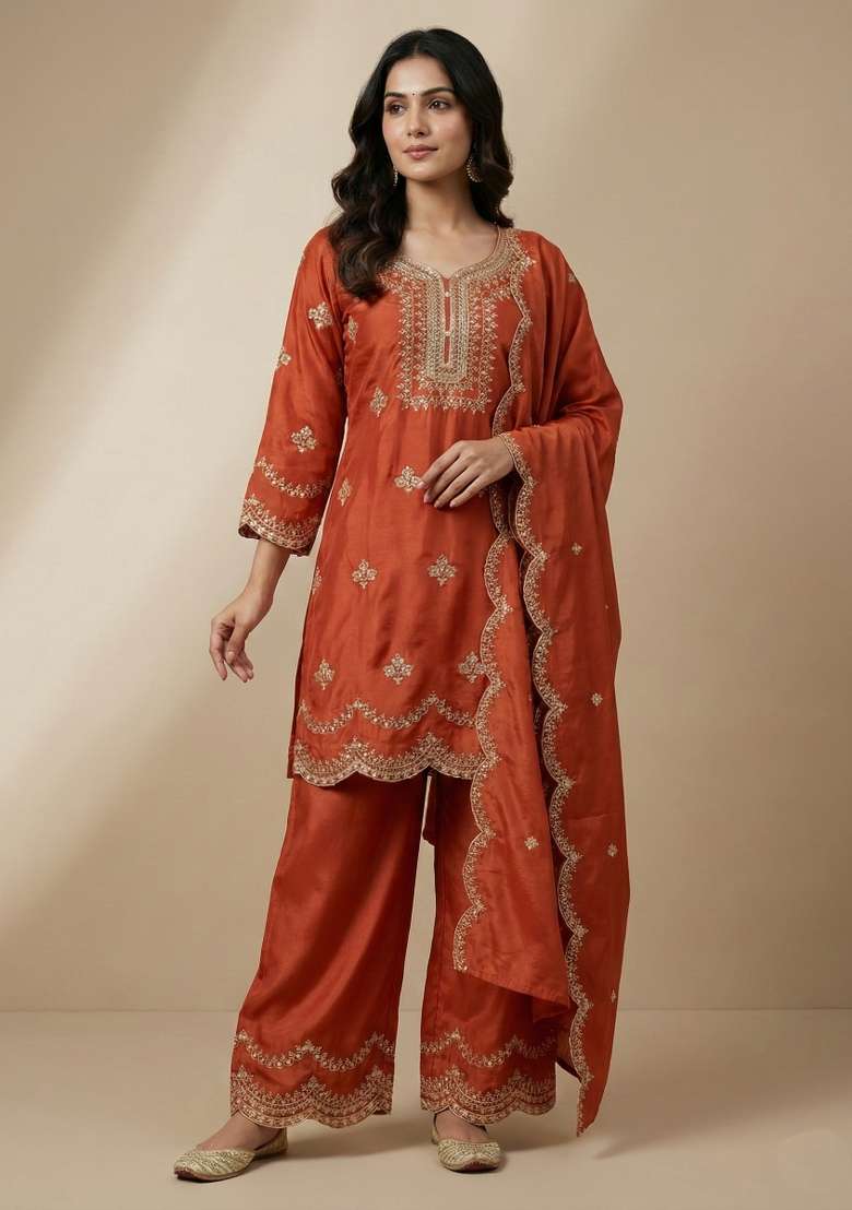Orange Embroidered Crepe Straight Kurta Set - Indya