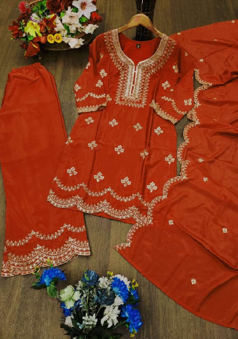 Orange Embroidered Crepe Straight Kurta Set - Indya