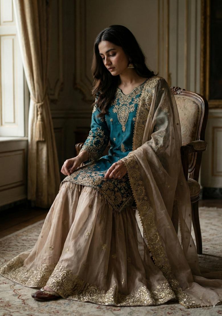 Rama Beige Embroidered Silk Kurta Set - Indya