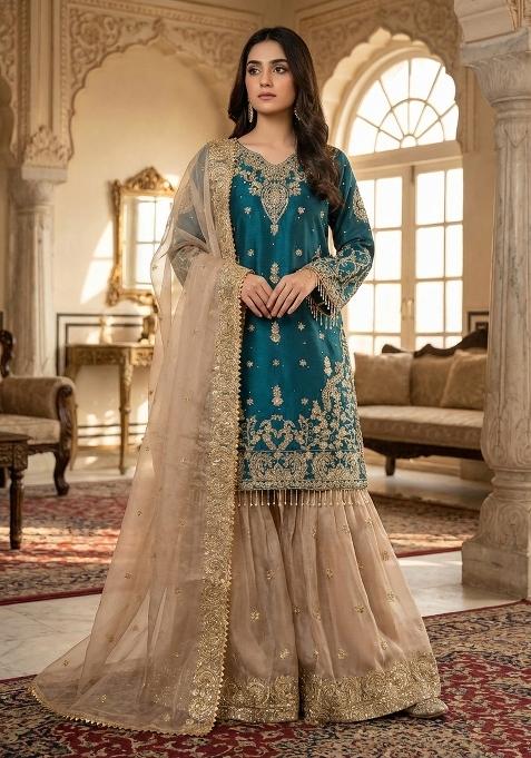 Rama Beige Embroidered Silk Kurta Set