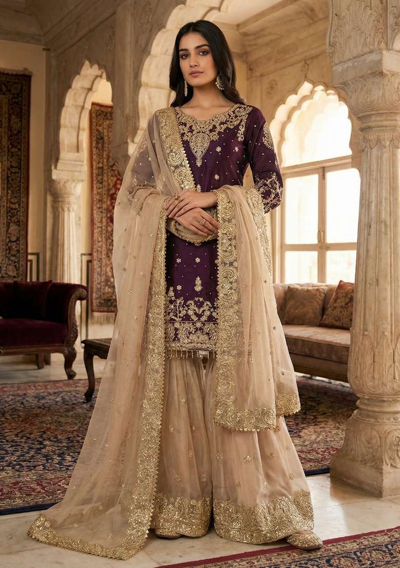 Wine Beige Embroidered Silk Blend Kurta Set - Indya