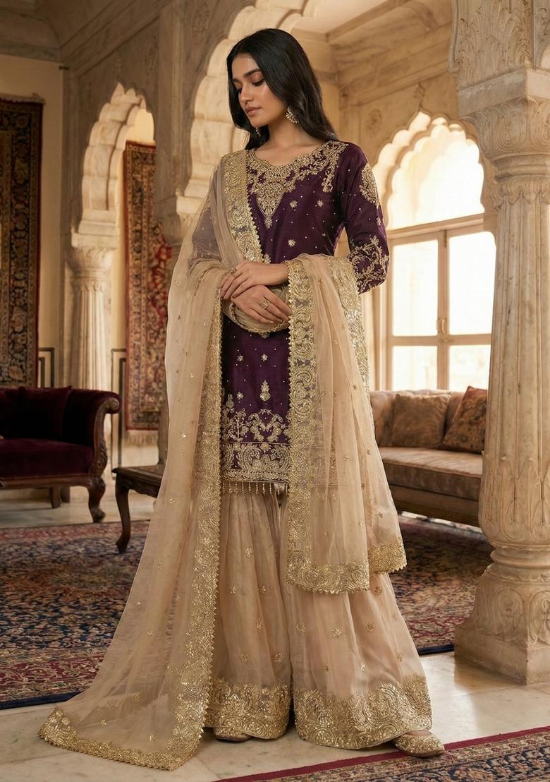 Wine Beige Embroidered Silk Kurta Set - Indya