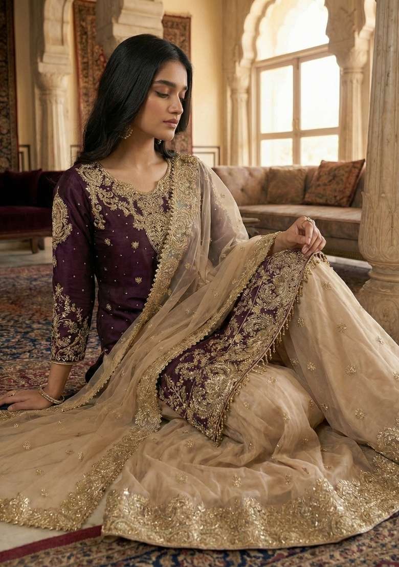 Wine Beige Embroidered Silk Blend Kurta Set - Indya