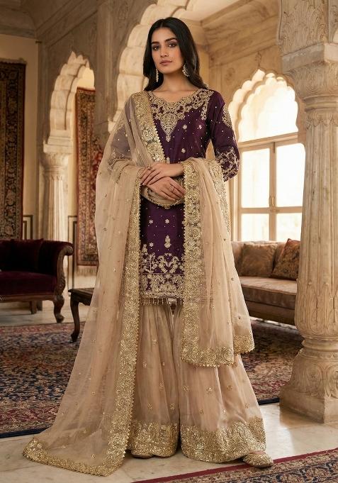Wine Beige Embroidered Silk Kurta Set