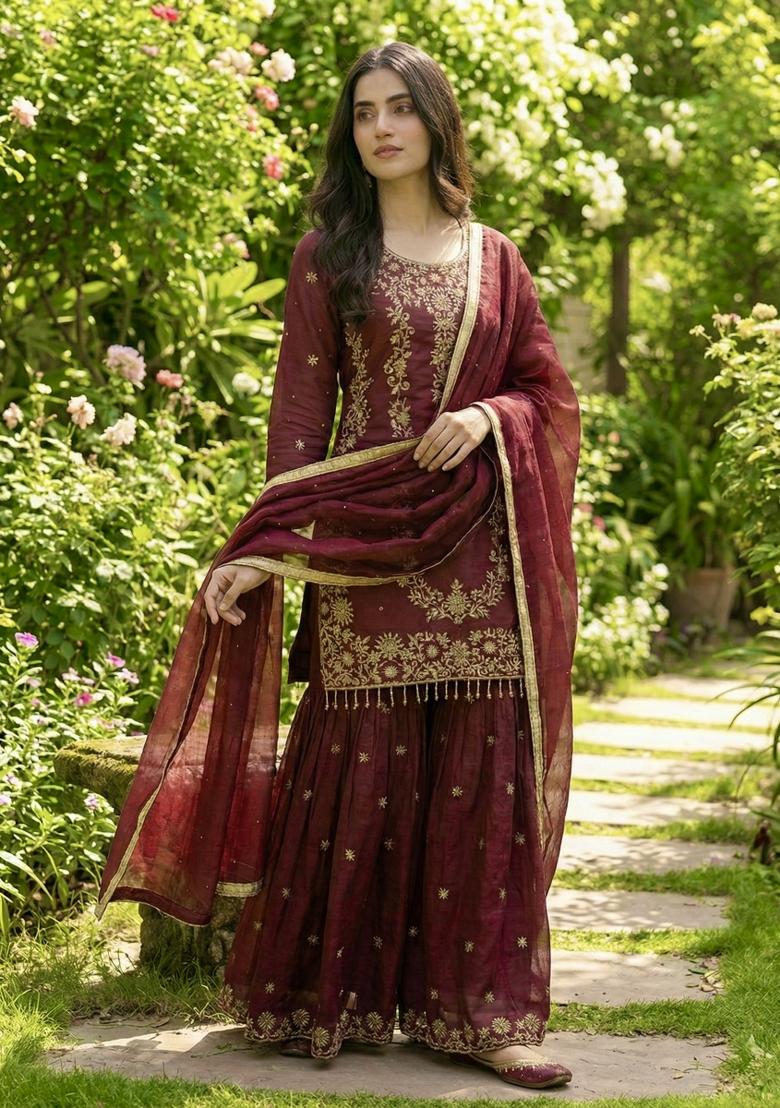 Maroon Embroidered Silk Kurta Set - Indya