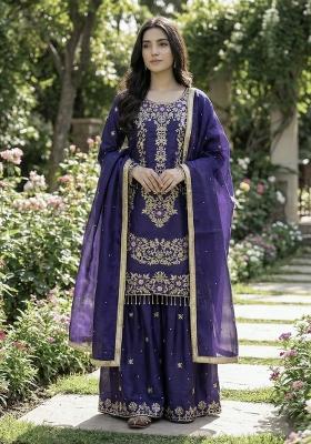 Purple Embroidered Silk Kurta Set