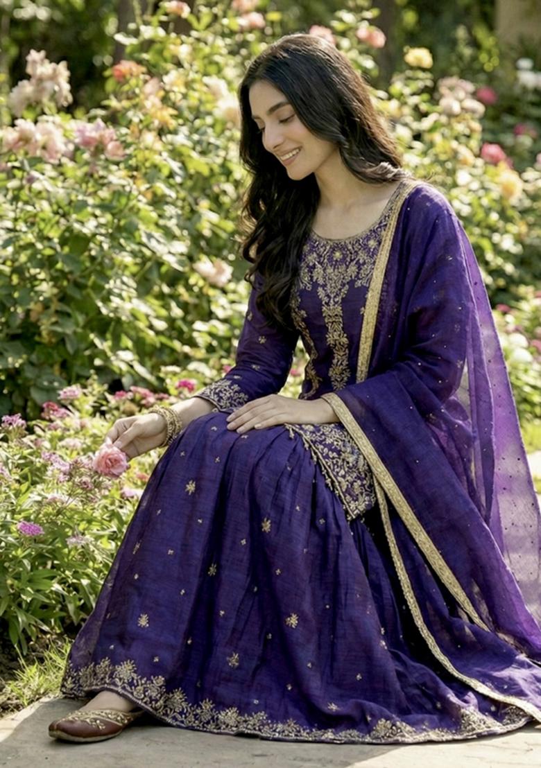 Purple Embroidered Silk Kurta Set - Indya