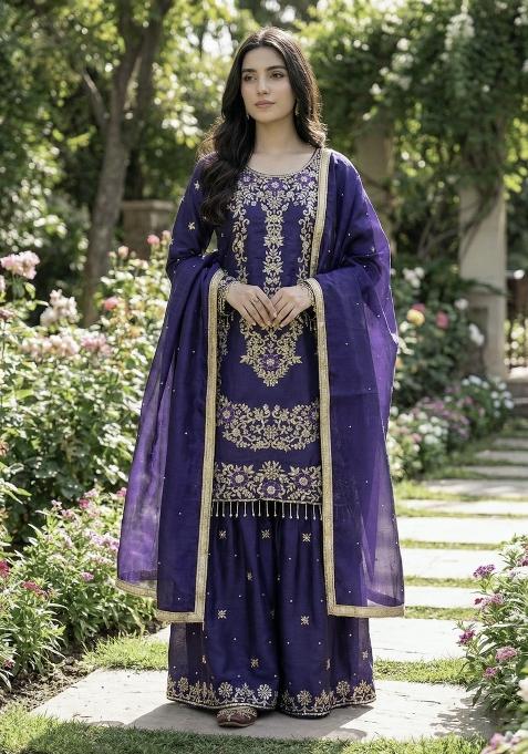 Purple Embroidered Silk Kurta Set