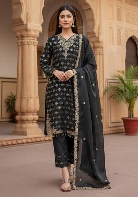 Black Embroidered Silk Kurta Set