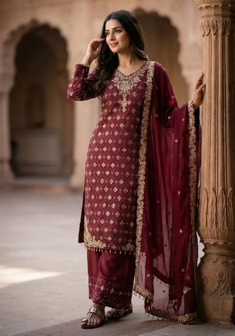 Maroon Embroidered Silk Kurta Set