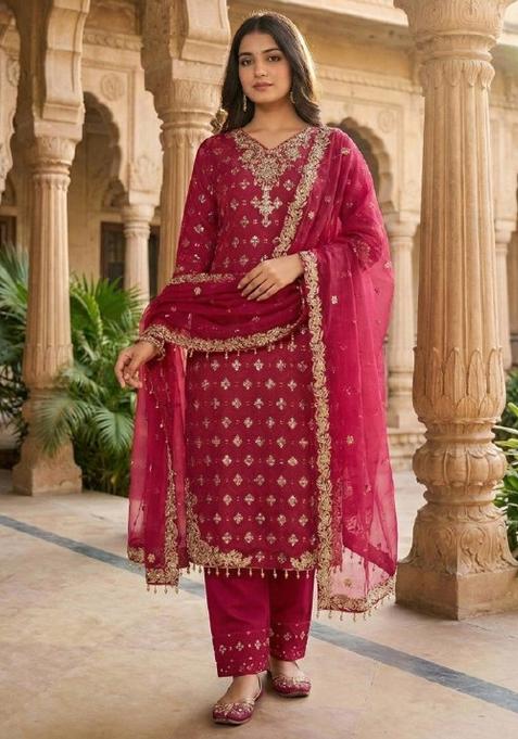 Pink Embroidered Silk Kurta Set