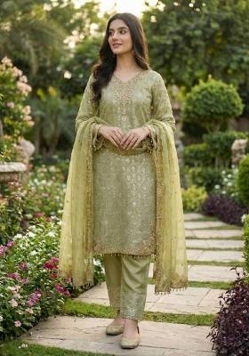 Pista Embroidered Silk Kurta Set