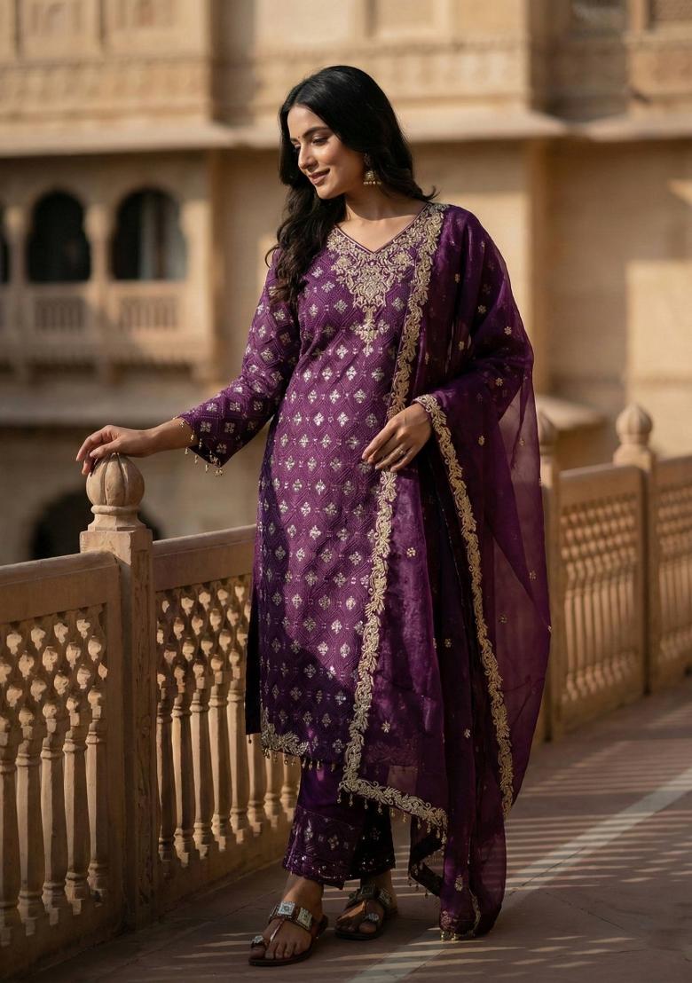 Purple Embroidered Silk Kurta Set - Indya