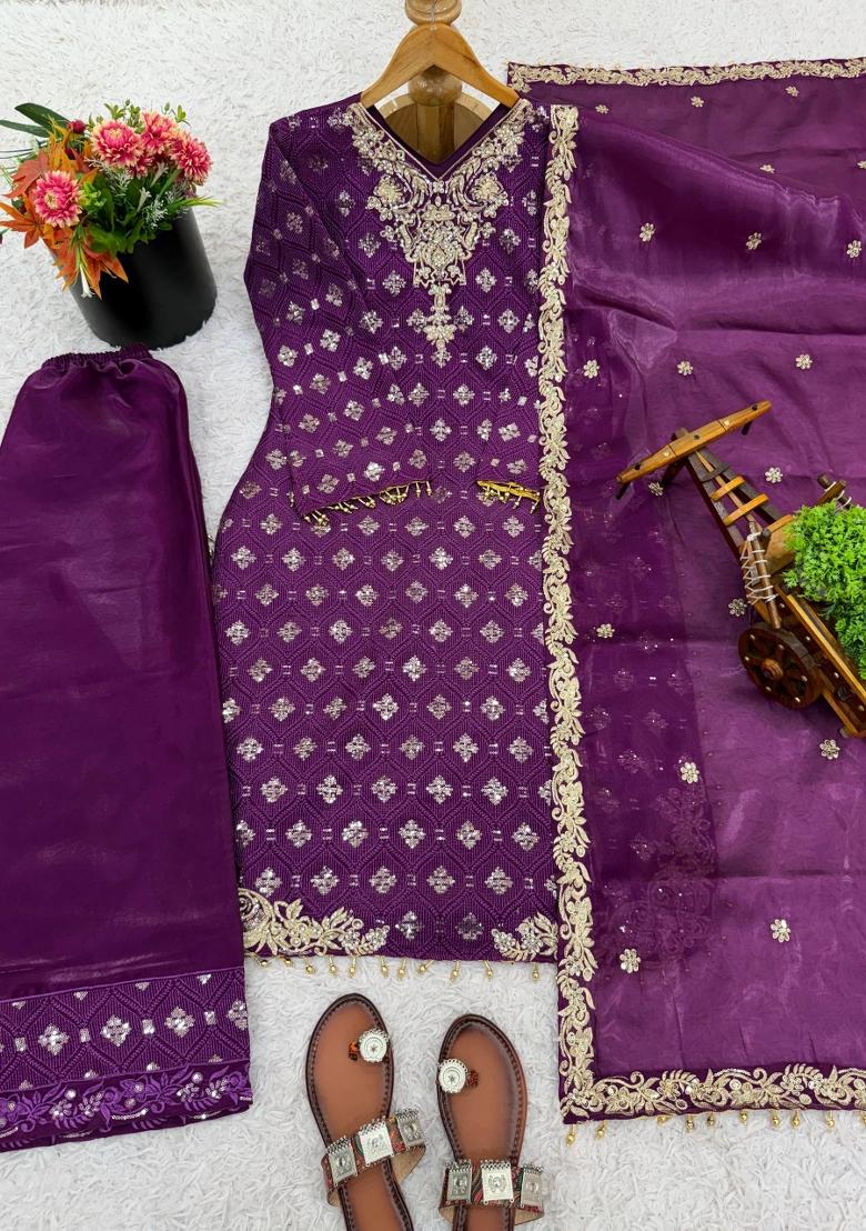 Purple Embroidered Silk Kurta Set - Indya