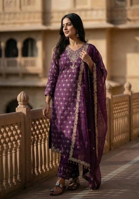 Purple Embroidered Silk Kurta Set
