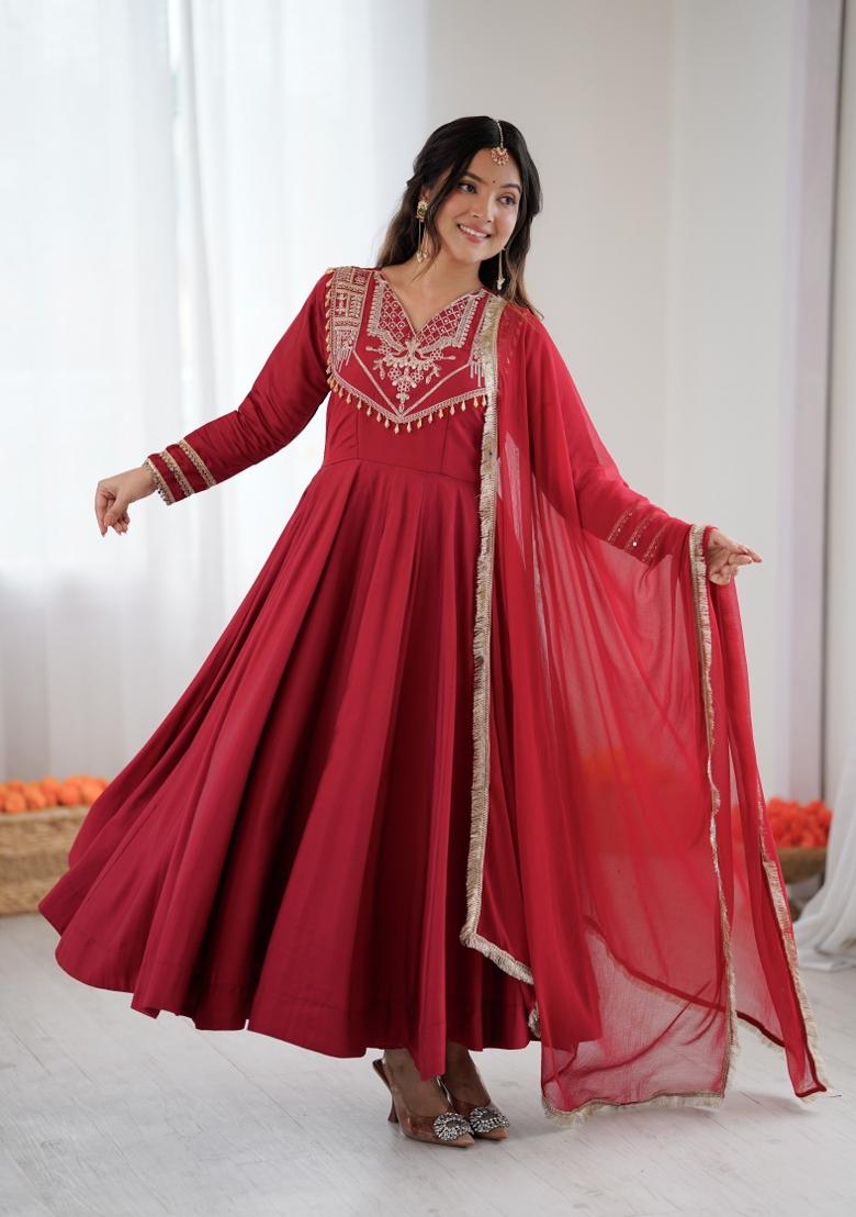 Maroon Codding Work Silk Kurta Set - Indya