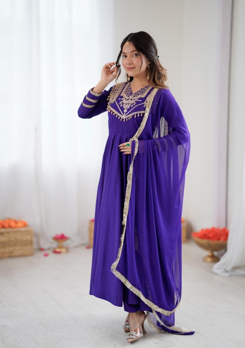 Purple Codding Work Silk Kurta Set - Indya