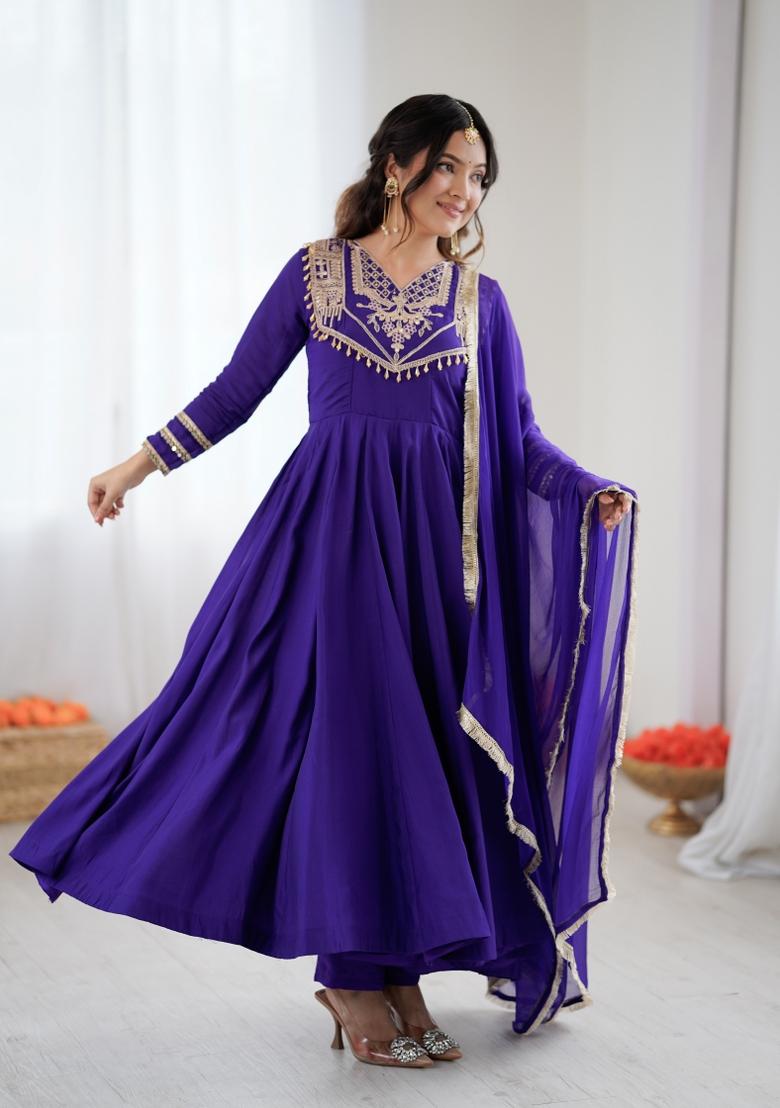 Purple Codding Work Silk Kurta Set - Indya