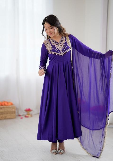 Purple Codding Work Silk Kurta Set