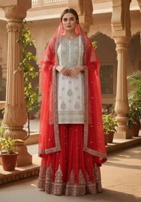 White And Red Embroidered Georgette Kurta Set
