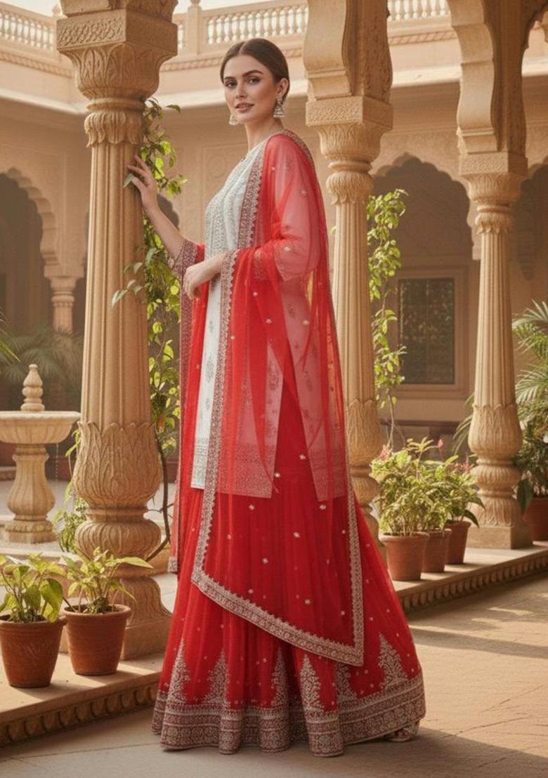 White And Red Embroidered Georgette Kurta Set - Indya