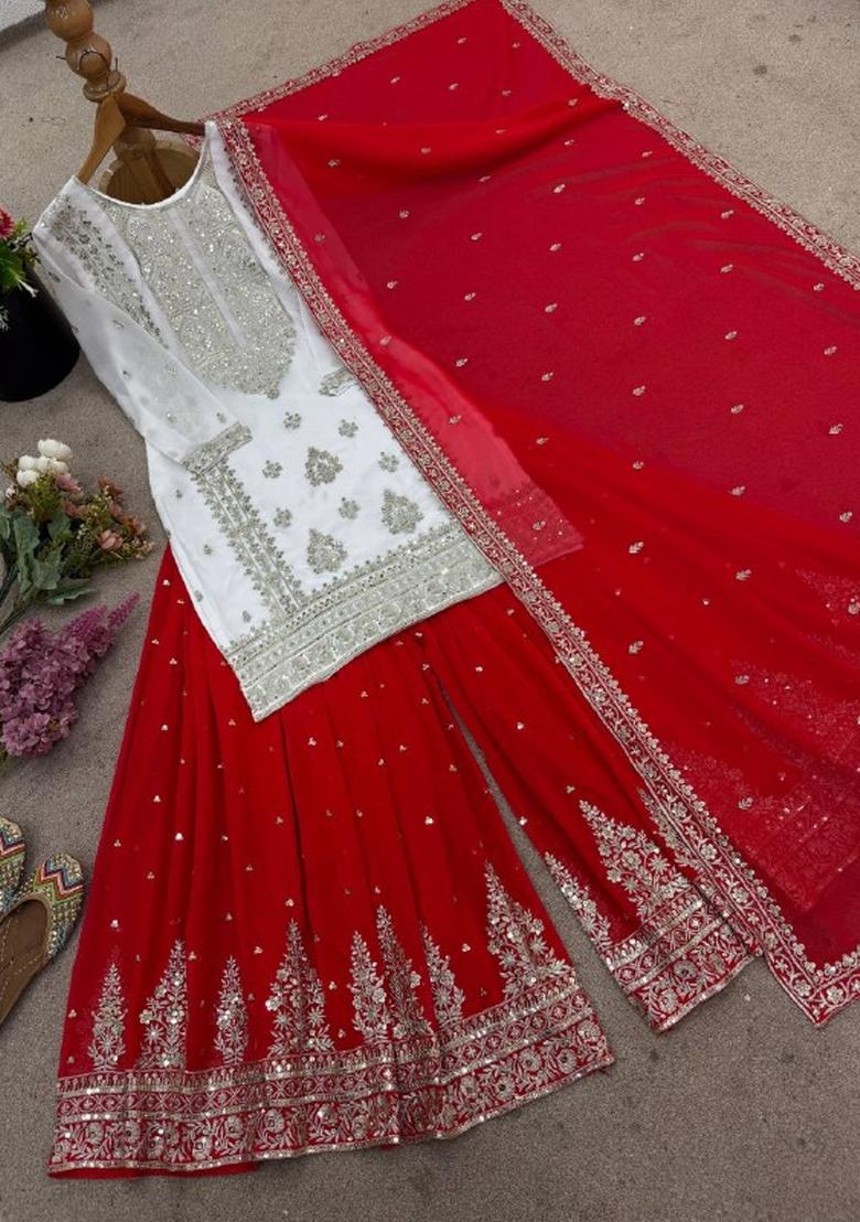 White And Red Embroidered Georgette Kurta Set - Indya