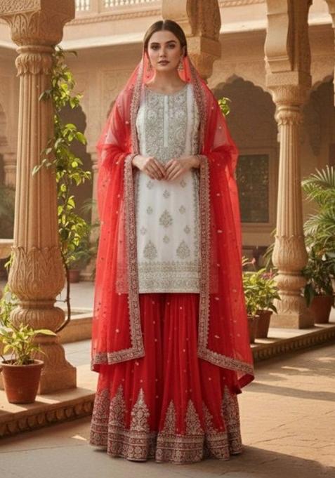 White And Red Embroidered Georgette Kurta Set