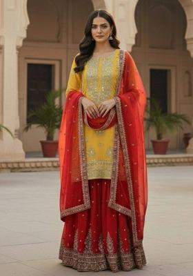 Yellow And Red Embroidered Georgette Kurta Set