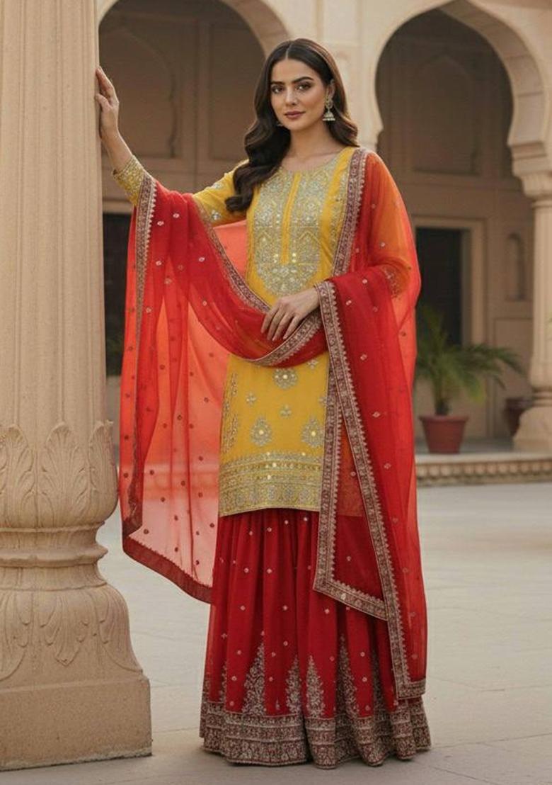Yellow And Red Embroidered Georgette Kurta Set - Indya