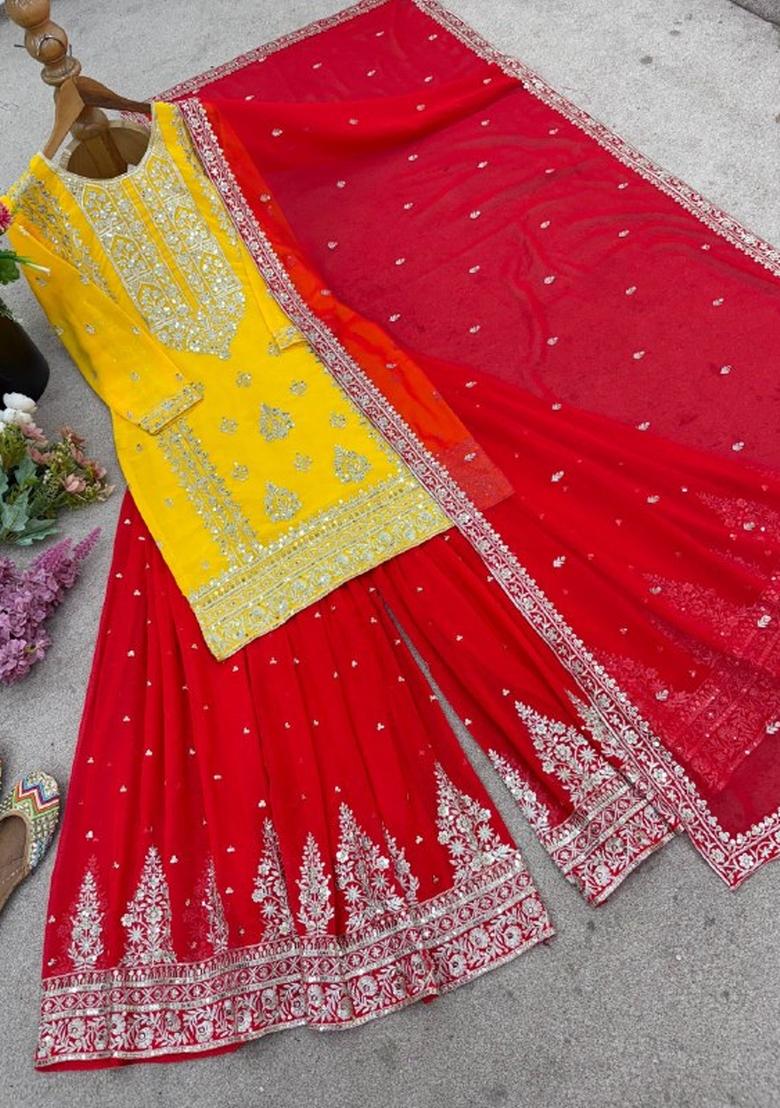 Yellow And Red Embroidered Georgette Kurta Set - Indya