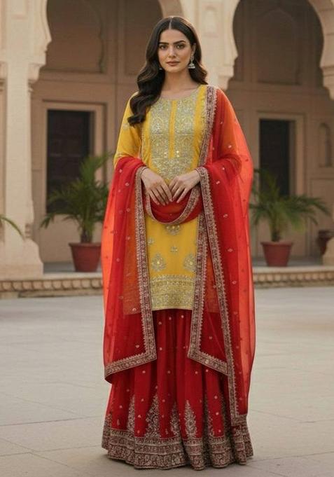Yellow And Red Embroidered Georgette Kurta Set