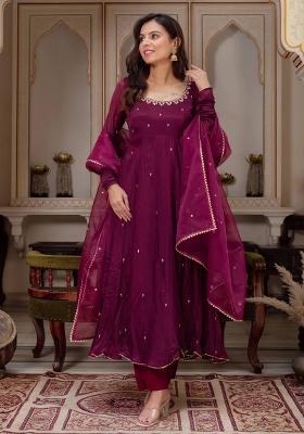 Purple Embroidered Georgette Kurta Set
