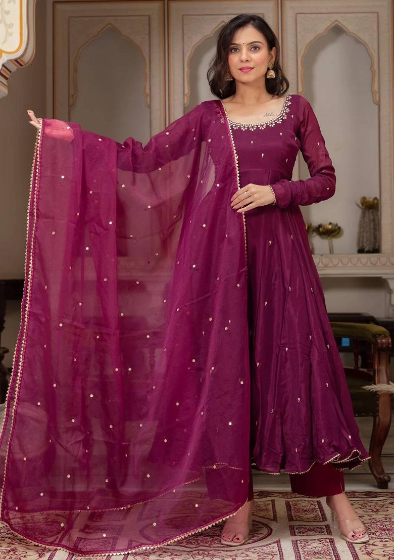 Purple Embroidered Georgette Kurta Set - Indya