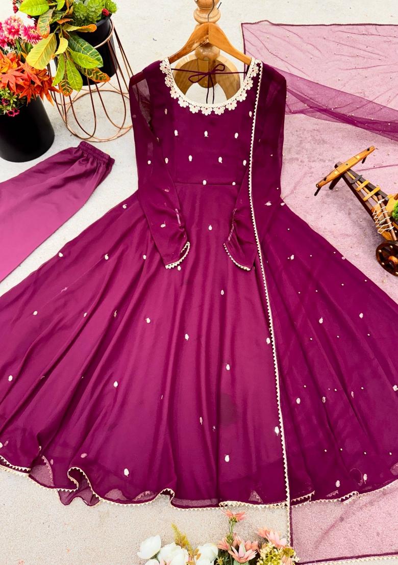 Purple Embroidered Georgette Kurta Set - Indya