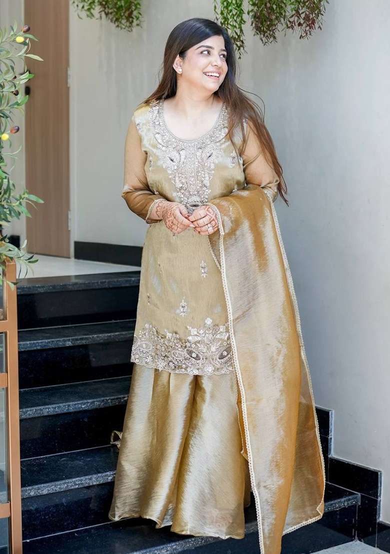 Beige Embroidered Silk Blend Kurta Set - Indya
