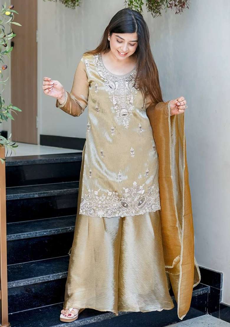 Beige Embroidered Silk Blend Kurta Set - Indya