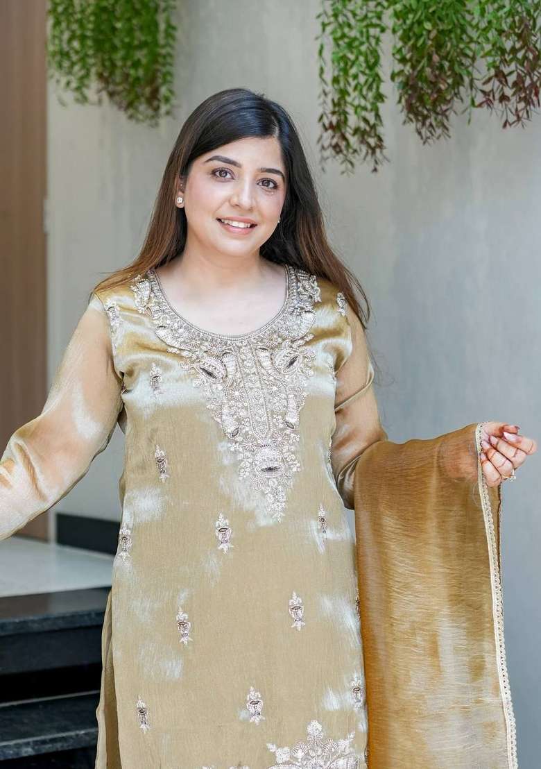 Beige Embroidered Silk Blend Kurta Set - Indya